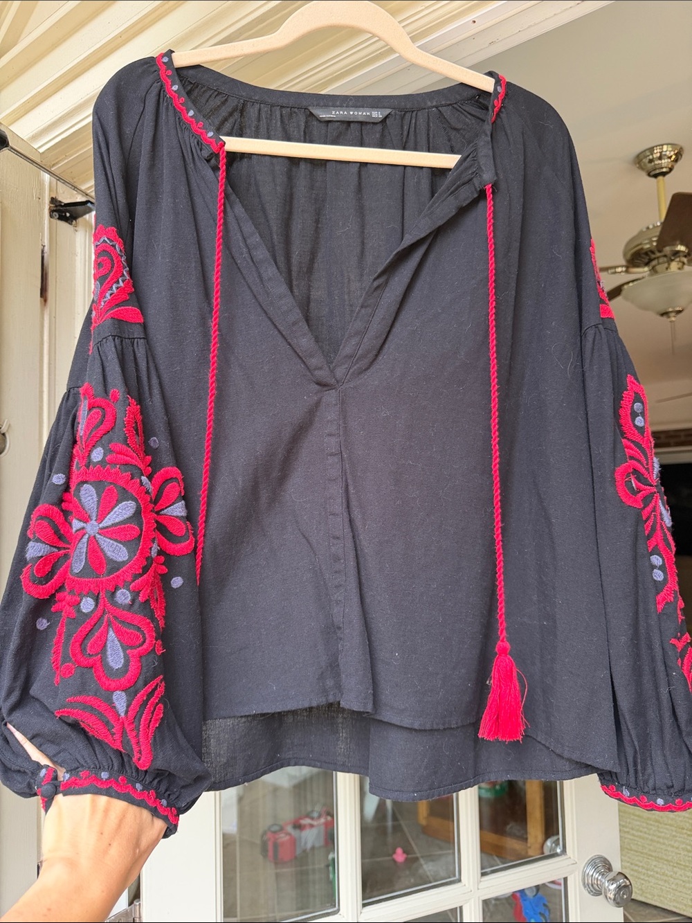 Zara Black Tunic Top with Red & Purple Embroidery